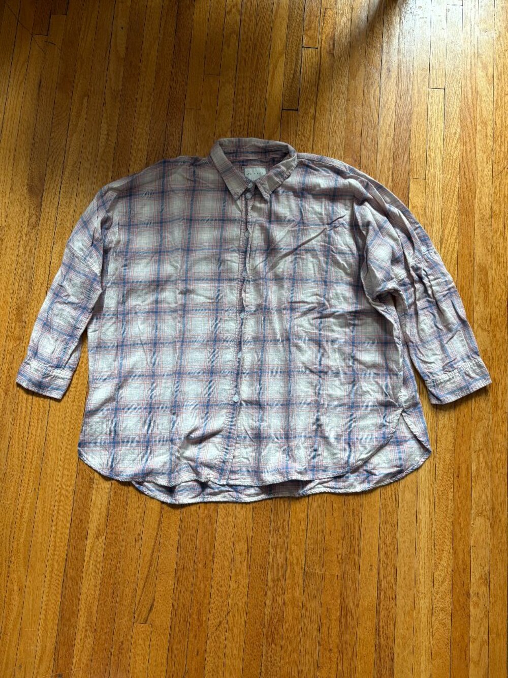 American Eagle Oversize Pink & Blue Flannel Button Down Shirt, size L